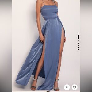 Lucy in the Sky Gala Satin Maxi Dress in Palace Blue